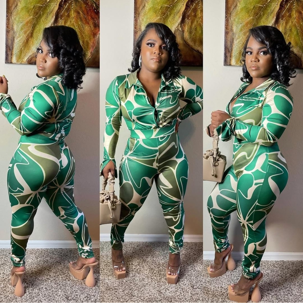 Green Patterned Two-Piece Set